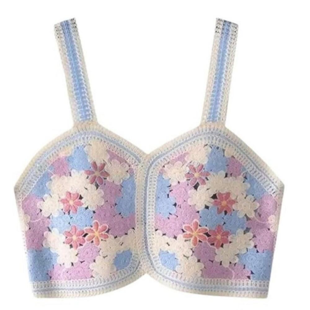 Vestique Crochet Knit Crop Tank Top Pastel Patchwork Boho Festival Retro Sz M/L